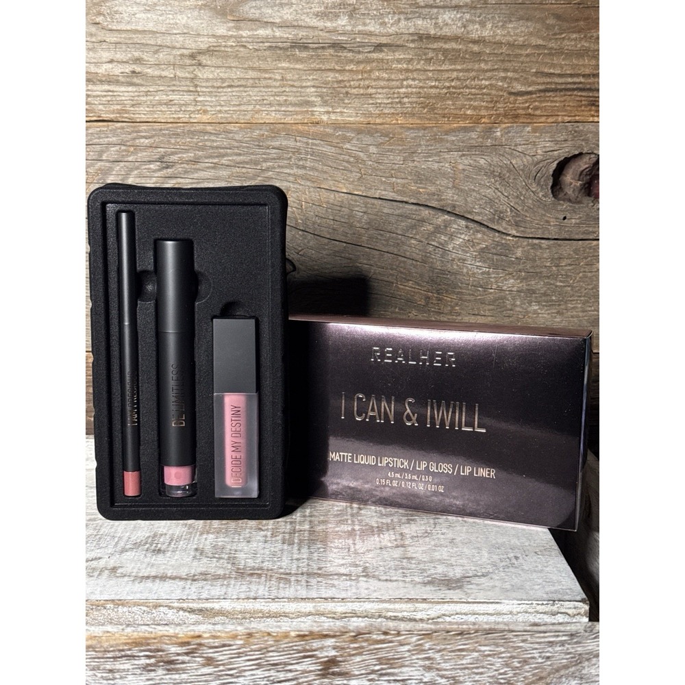 Realher "I Can & I Will" Mauve Lip Set Lipliner Liquid Lipstick Gloss NEW | $45